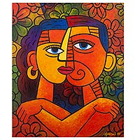 'Kiss You' - Cubist Acrylic Figure Painting from Java