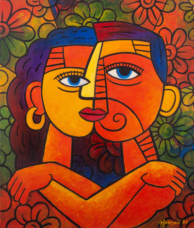 'Kiss You' - Kubistische Acrylfigurenmalerei aus Java