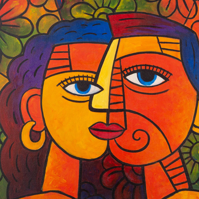 'Kiss You' - Pintura de figura acrílica cubista de Java