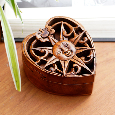 Wood puzzle box, 'Sun of Love' - Hand Made Wood Puzzle Box with Sun Motif