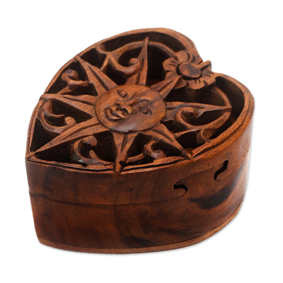 Wood puzzle box, 'Sun of Love' - Hand Made Wood Puzzle Box with Sun Motif