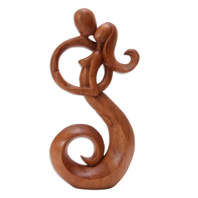Wood statuette, 'Steal a Kiss' - Romantic Suar Wood Statuette from Bali