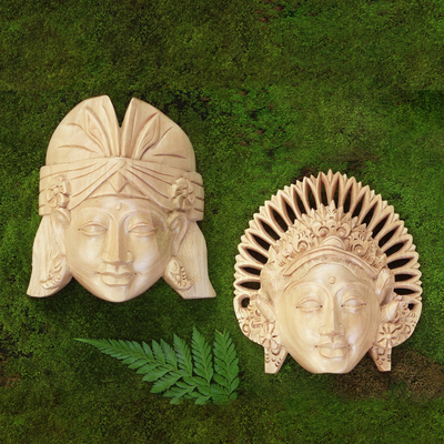 Máscaras de madera, (par) - Máscaras de danza balinesa de madera de cocodrilo (par)