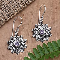 Amethyst dangle earrings, 'Sunflower Romance' - Amethyst and Sterling Silver Dangle Earrings