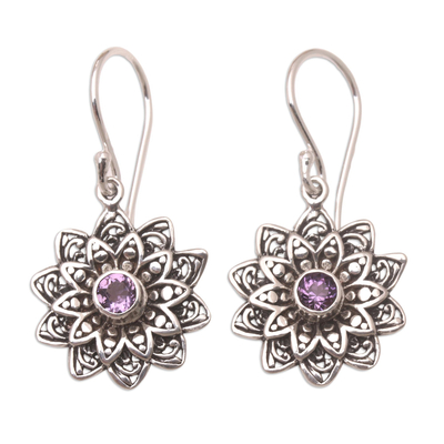 Amethyst dangle earrings, 'Sunflower Romance' - Amethyst and Sterling Silver Dangle Earrings