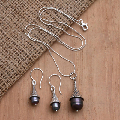 Juego de joyas con perlas cultivadas - Juego de Joyas de Plata Esterlina y Perlas Azules Cultivadas