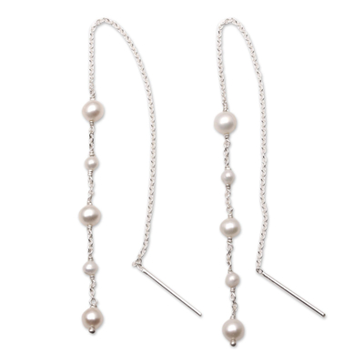 Cultured pearl dangle earrings, 'Moonlit Trellis' - Handmade Cultured Pearl Dangle Earrings from Bali