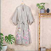 Hand-painted silk robe, 'Sakura Blossoms' - Hand-Painted Silk Robe with Floral Motif