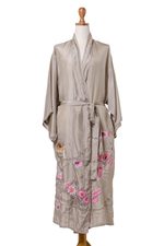 Hand-painted silk robe, 'Sakura Blossoms' - Hand-Painted Silk Robe with Floral Motif