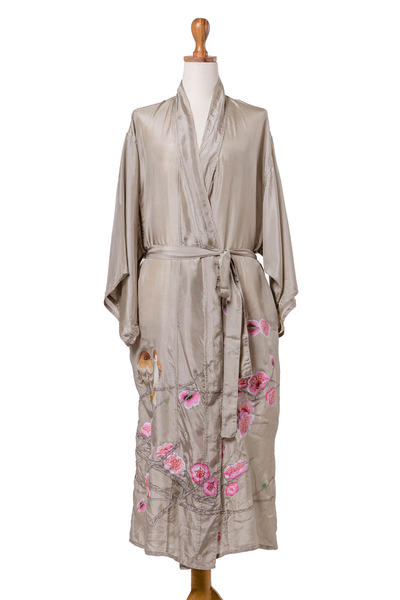 Hand-Painted Silk Robe with Floral Motif
