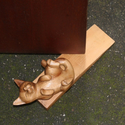 Türstopper aus Holz - Türstopper aus Suar-Holz mit Katzenmotiv
