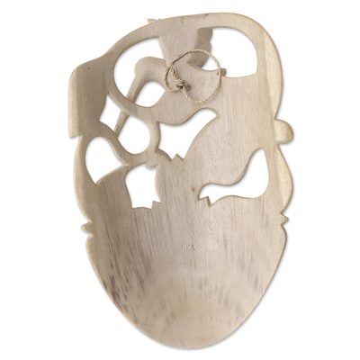 Wood mask, 'Universal Source' - Hibiscus Wood Mask with Hummingbird Motif