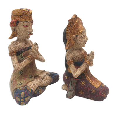 Wood sculptures, 'Beautiful Couple' (pair) - Hand Carved Balinese Albesia Wood Sculptures (Pair)