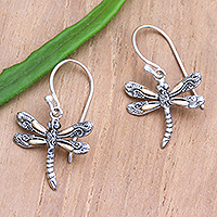 Gold accented sterling silver dangle earrings, 'Shimmering Wings' - Gold Accented Sterling Silver Dragonfly Earrings from Bali