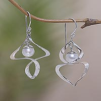 Cultured pearl dangle earrings, 'Winter Whirl' - Sterling Silver and Cultured Peach Pearl Dangle Earrings