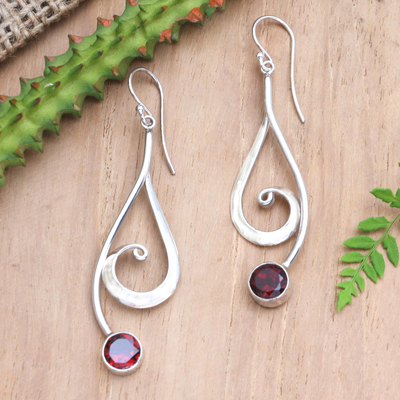 Garnet dangle earrings, 'Passionate Melody' - Artisan Crafted Garnet and Sterling Silver Dangle Earrings