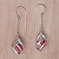 Sterling silver dangle earrings, 'Red Cocoon'
