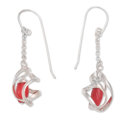 Sterling silver dangle earrings, 'Red Cocoon' - Sterling Silver Red Bead Accent Dangle Earrings