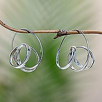 Artisan Crafted Sterling Silver Hoop Earrings,'Scrawled in Silver'