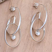 Cultured pearl hoop earrings, 'Musical Twist' - Double Hooped Sterling Silver Earrings with Freshwater Pearl