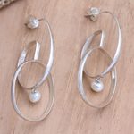 Cultured pearl hoop earrings, 'Musical Twist' - Double Hooped Sterling Silver Earrings with Freshwater Pearl