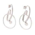 Cultured pearl hoop earrings, 'Musical Twist' - Double Hooped Sterling Silver Earrings with Freshwater Pearl