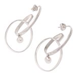 Cultured pearl hoop earrings, 'Musical Twist' - Double Hooped Sterling Silver Earrings with Freshwater Pearl