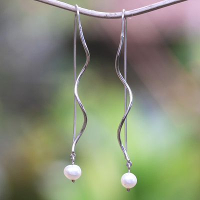 Aretes colgantes de perlas cultivadas - Aretes colgantes de plata esterlina con perlas cultivadas color durazno