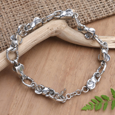 Men's sterling silver chain bracelet, 'Traveling Circus' - Men's Sterling Silver Link Bracelet with Elephant Motif