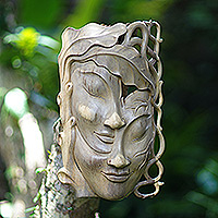 Wood mask, 'Two Queens' - Hibiscus Wood Mask with Leaf Motif