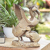 Wood sculpture, 'Protective Mother' - Hibiscus Wood Sculpture of a Mother Duck and Duckling
