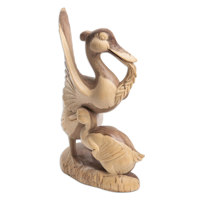 Wood sculpture, 'Protective Mother' - Hibiscus Wood Sculpture of a Mother Duck and Duckling