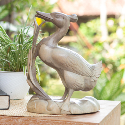 Wood sculpture, 'A Duck's Domain' - Hibiscus Wood Sculpture of a Wild Duck in its Environment