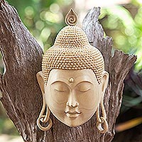 Máscara de madera, 'Bless You' - Máscara de pared de madera de cocodrilo con temática de Buda