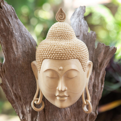 Wood mask, 'Bless You' - Buddha-Themed Crocodile Wood Wall Mask
