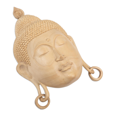 Wood mask, 'Bless You' - Buddha-Themed Crocodile Wood Wall Mask