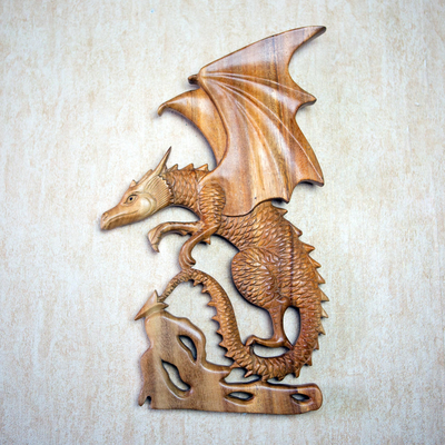 Wood relief panel, 'Flaming Dragon' - Hand Made Suar Wood Relief Panel with Dragon Motif