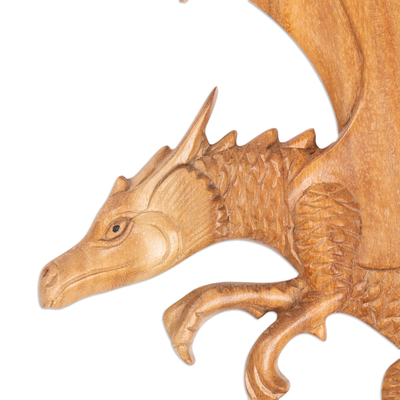 Wood relief panel, 'Flaming Dragon' - Hand Made Suar Wood Relief Panel with Dragon Motif
