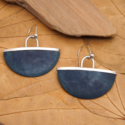 Sterling silver dangle earrings, 'Celestial Shadow' - Sterling Silver and Blue Coconut Shell Dangle Earrings