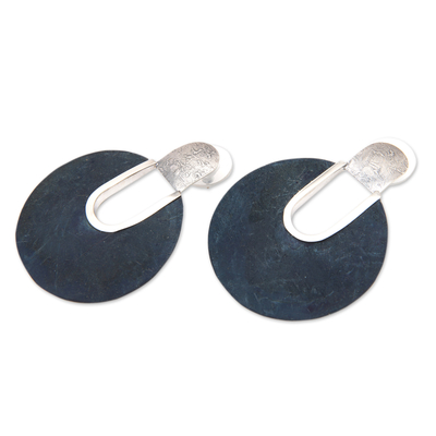 Sterling silver drop earrings, 'Moon Faced' - Handmade Sterling Silver and Coconut Shell Drop Earrings