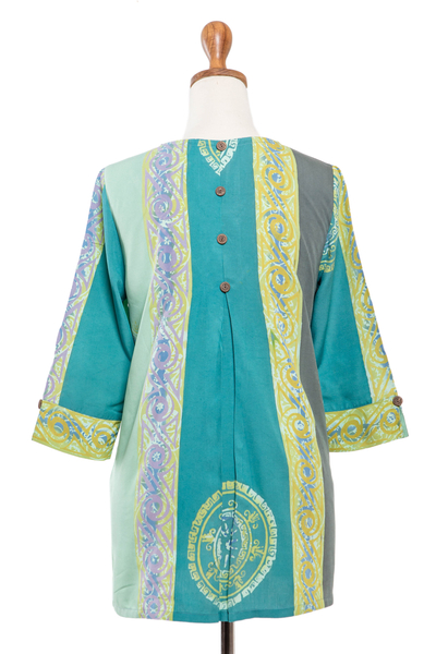 Hand-stamped batik rayon blouse, 'Pale Green Tea' - Hand-Stamped Batik Rayon Blouse from Bali