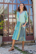 Batik rayon a-line dress, 'Green Tea' - Green Batik A-Line Dress with Floral Motif