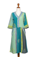 Batik rayon a-line dress, 'Green Tea' - Green Batik A-Line Dress with Floral Motif