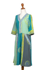 Batik rayon a-line dress, 'Green Tea' - Green Batik A-Line Dress with Floral Motif