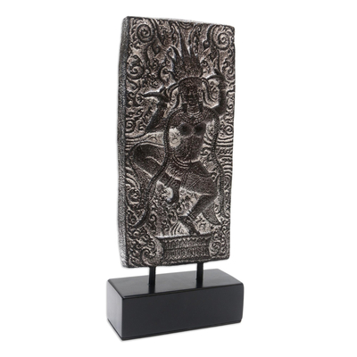 Cement statuette, 'The Dancing Sri' - Cement Goddess Statuette with Wooden Base