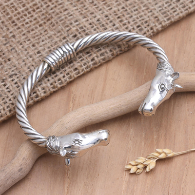 Sterling silver cuff bracelet, 'Horse Race' - Sterling Silver Twisted Cuff Bracelet with Horses' Heads