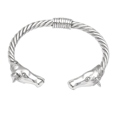 Sterling silver cuff bracelet, 'Horse Race' - Sterling Silver Twisted Cuff Bracelet with Horses' Heads