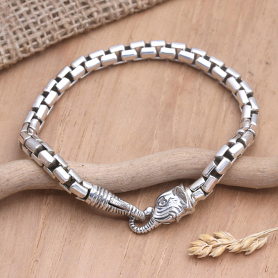 Sterling silver link bracelet, 'Elephant Solidarity' - Elephant Head Sterling Silver Hexagon Link Bracelet