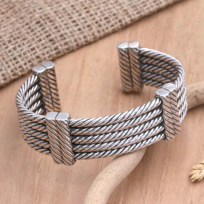 Sterling silver cuff bracelet, 'Friendship Bridge' - Unisex Sterling Silver Five Cable Cuff Bracelet
