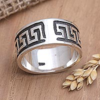 Men's sterling silver band ring, 'Ancient Fretwork' - Wide Sterling Silver Men's Ring with Fretwork Design